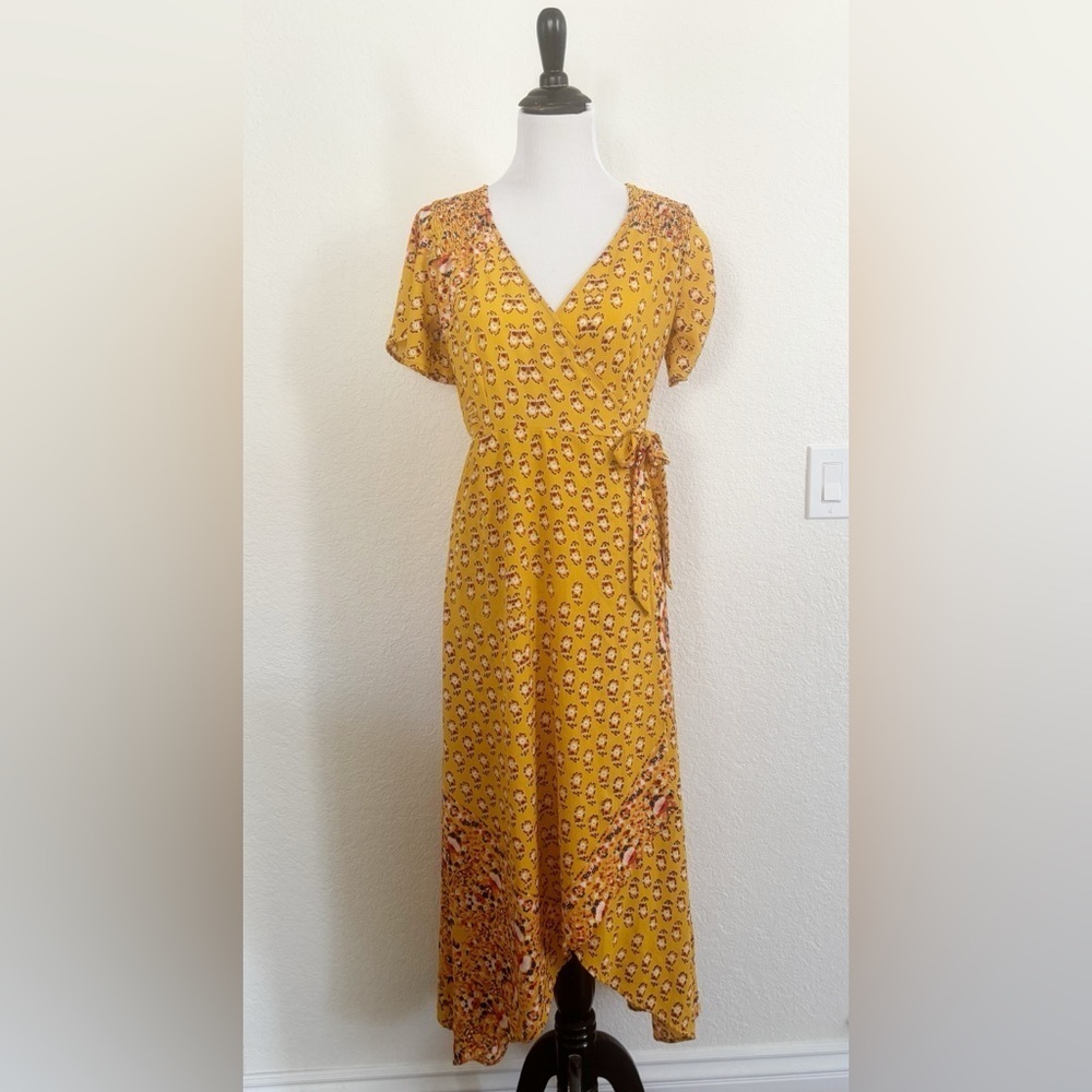 Yellow Flutter Sleeve Wrap Midi Dress